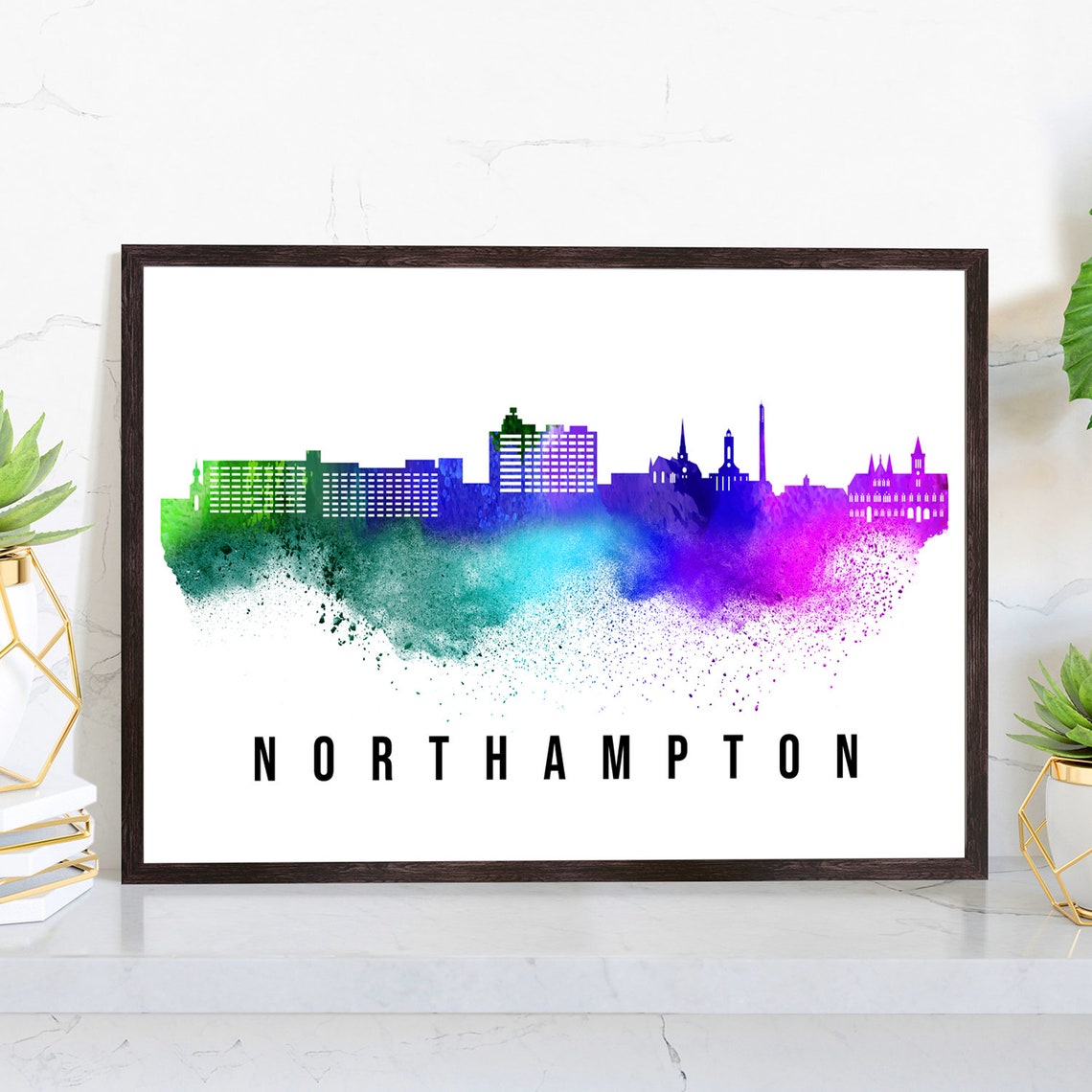 Northampton England Watercolor Rainbow Skyline Modern City Art Poster