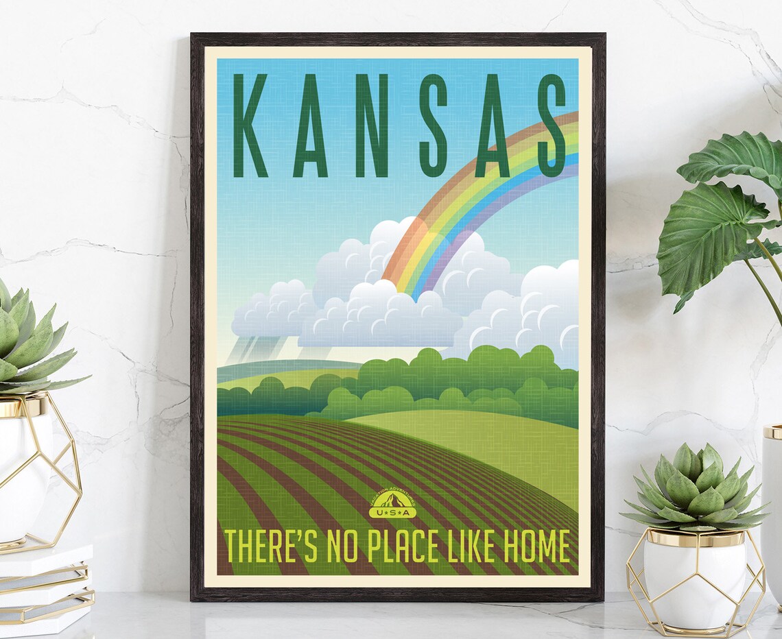 Kansas Theres No Place Like Home Rainbow Farmland Retro Travel Poster