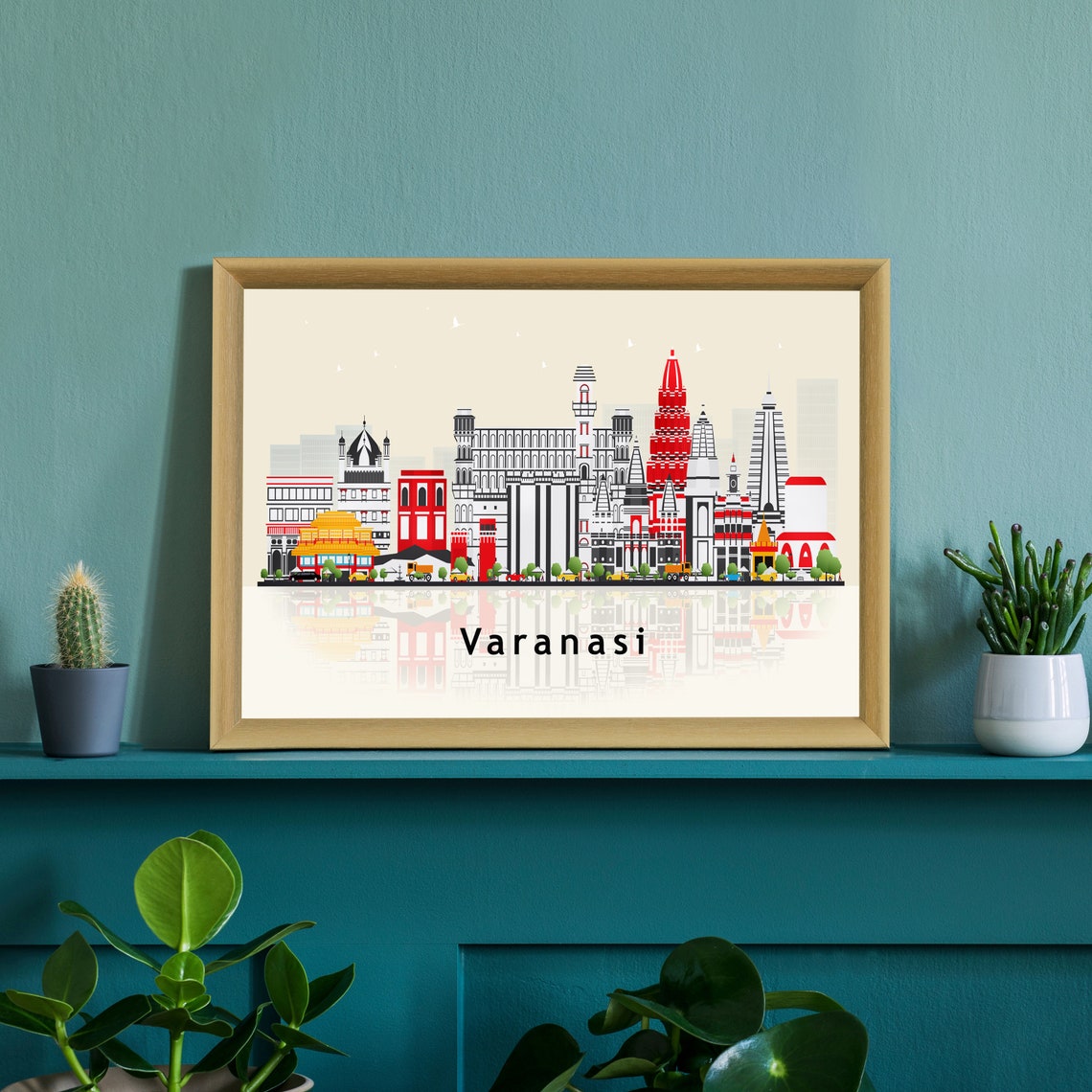 Varanasi India Ganges River Boats Temple Spires Illustration Poster - Image 2