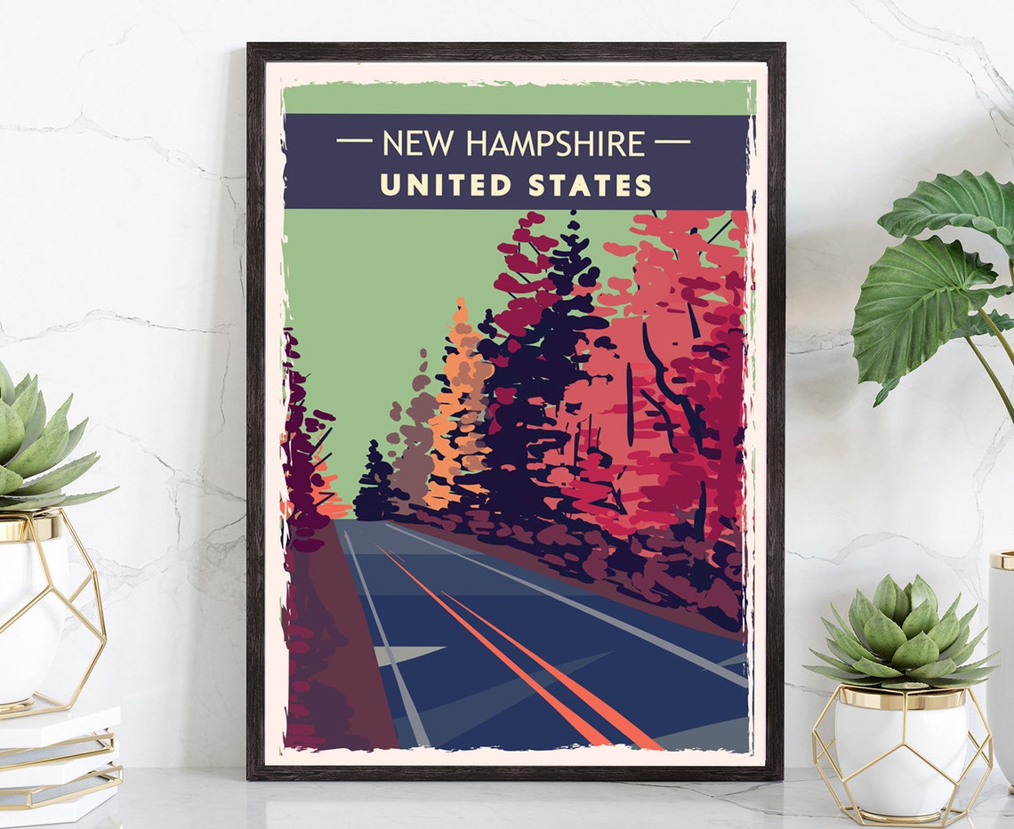 New Hampshire Autumn Foliage Road Retro Travel Poster Scenic Print
