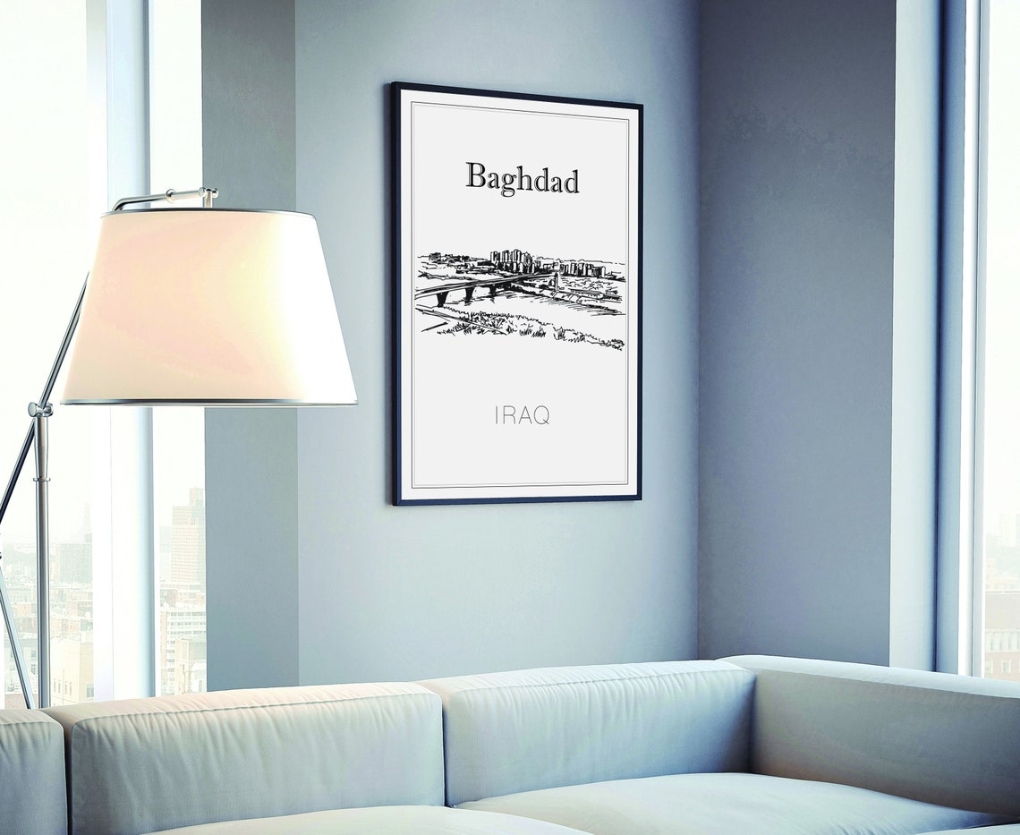 Baghdad Iraq Tigris River Bridge Skyline Hand Drawn Sketch Poster - Image 4