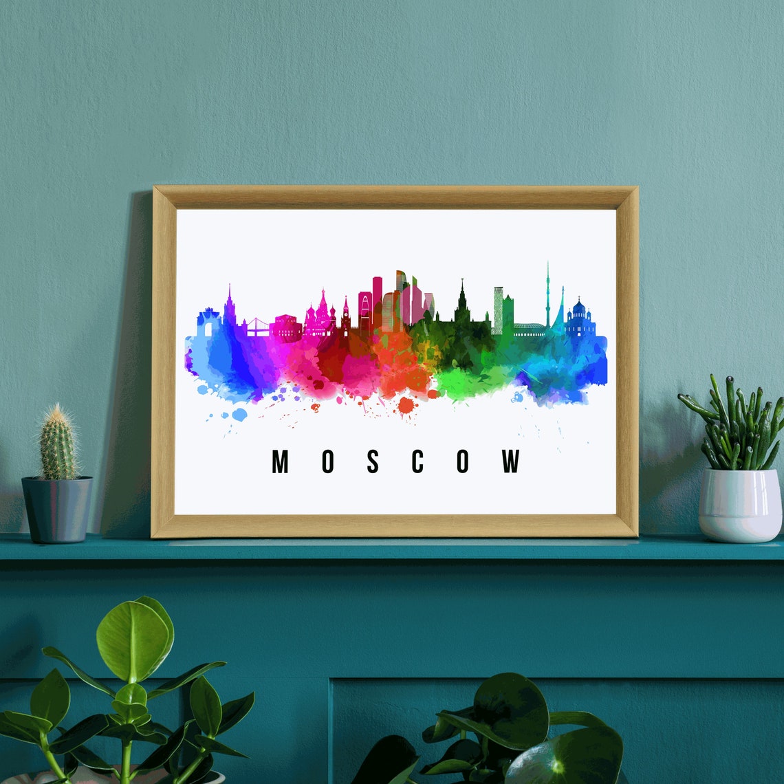 Moscow Russia Rainbow Watercolor City Skyline Silhouette Art Poster - Image 3