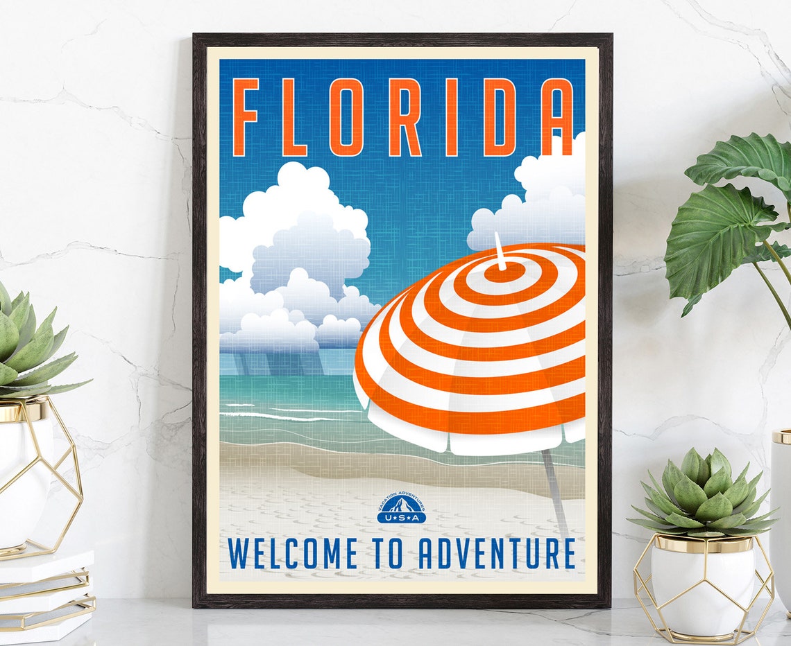 Florida Beach Striped Umbrella Vintage Retro Ocean Travel Poster