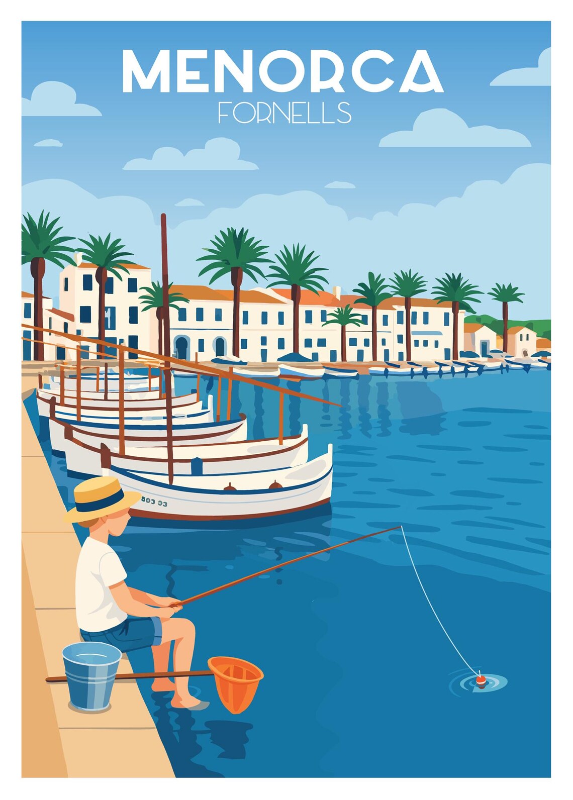 Menorca Fornells Harbor Fishing Boats Village Retro Travel Poster