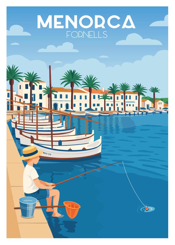 Fornells Vintage Menorca Poster Coastal Print Mediterranean Fishing Wall Art