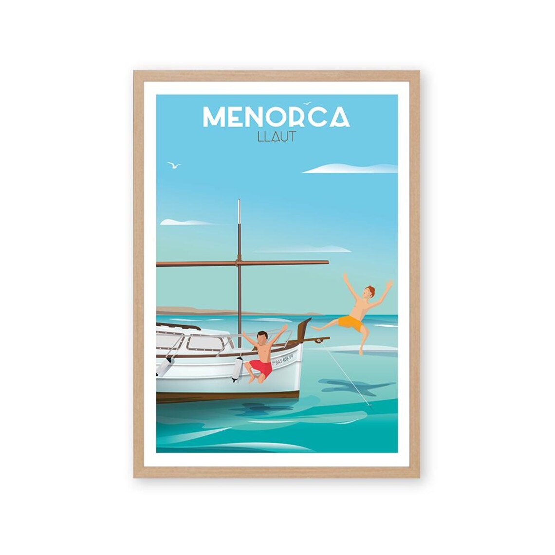 Menorca Llaut Sailing Boat Kids Jumping Sea Vintage Travel Poster