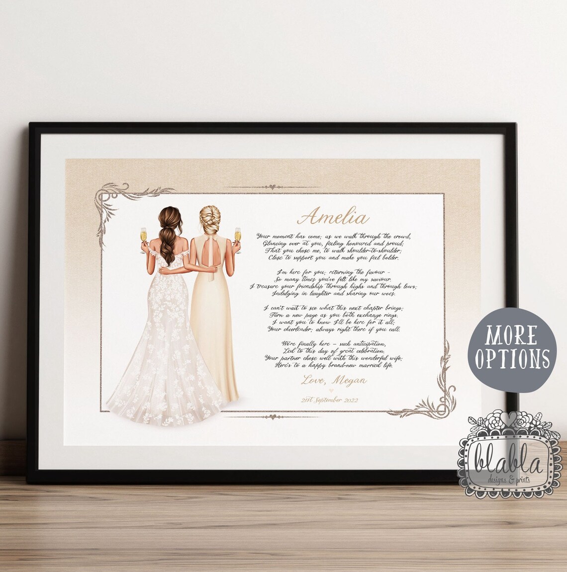 Personalised Bridesmaid Poem Poster With Bride Friend Champagne Toast