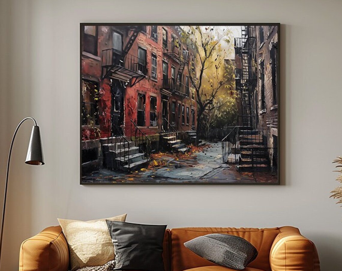 New York Brick Apartments Fire Escapes Autumn Street Art Poster