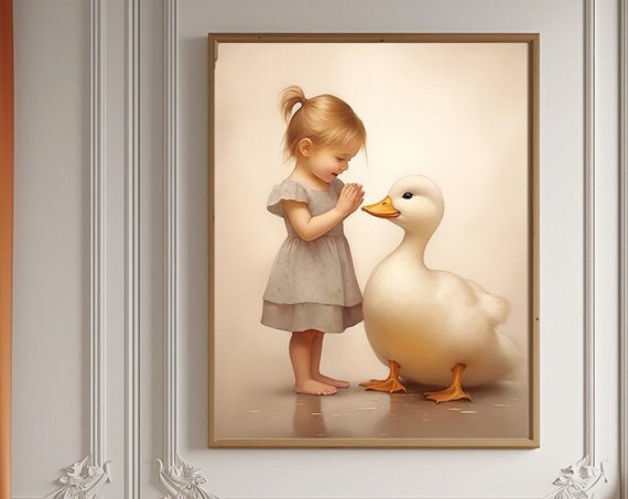 Girl And Goose Vintage Nursery Print Little Child And Fluffy Duck Wall Art Mid Century Neutral Large Poster