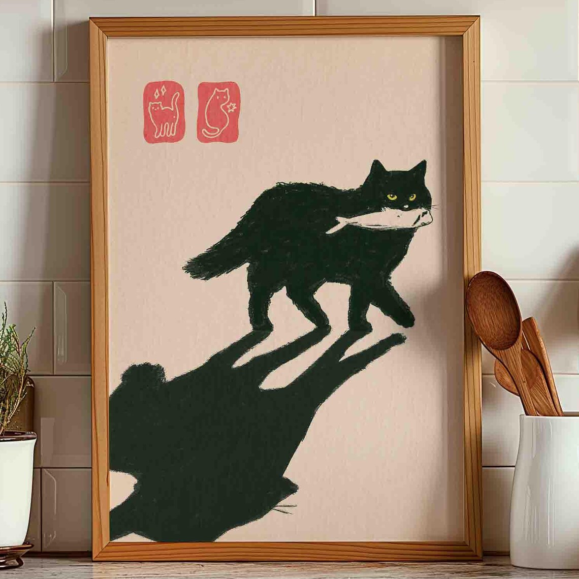Black Cat Carrying Fish Japanese Minimalist Style Art Poster