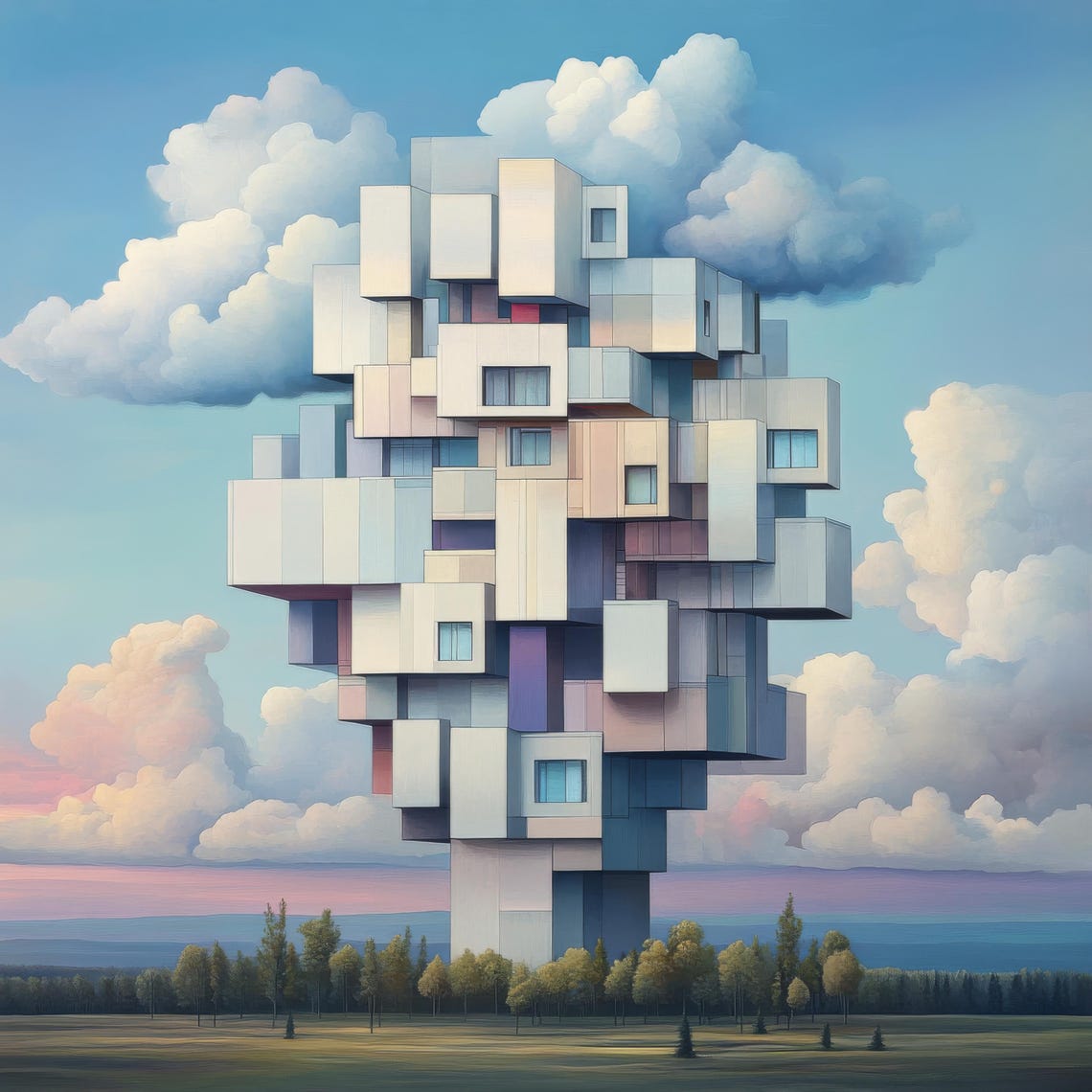 Surreal Cubist Tower Stacked White Cubes Floating Sky Art Poster - Image 3