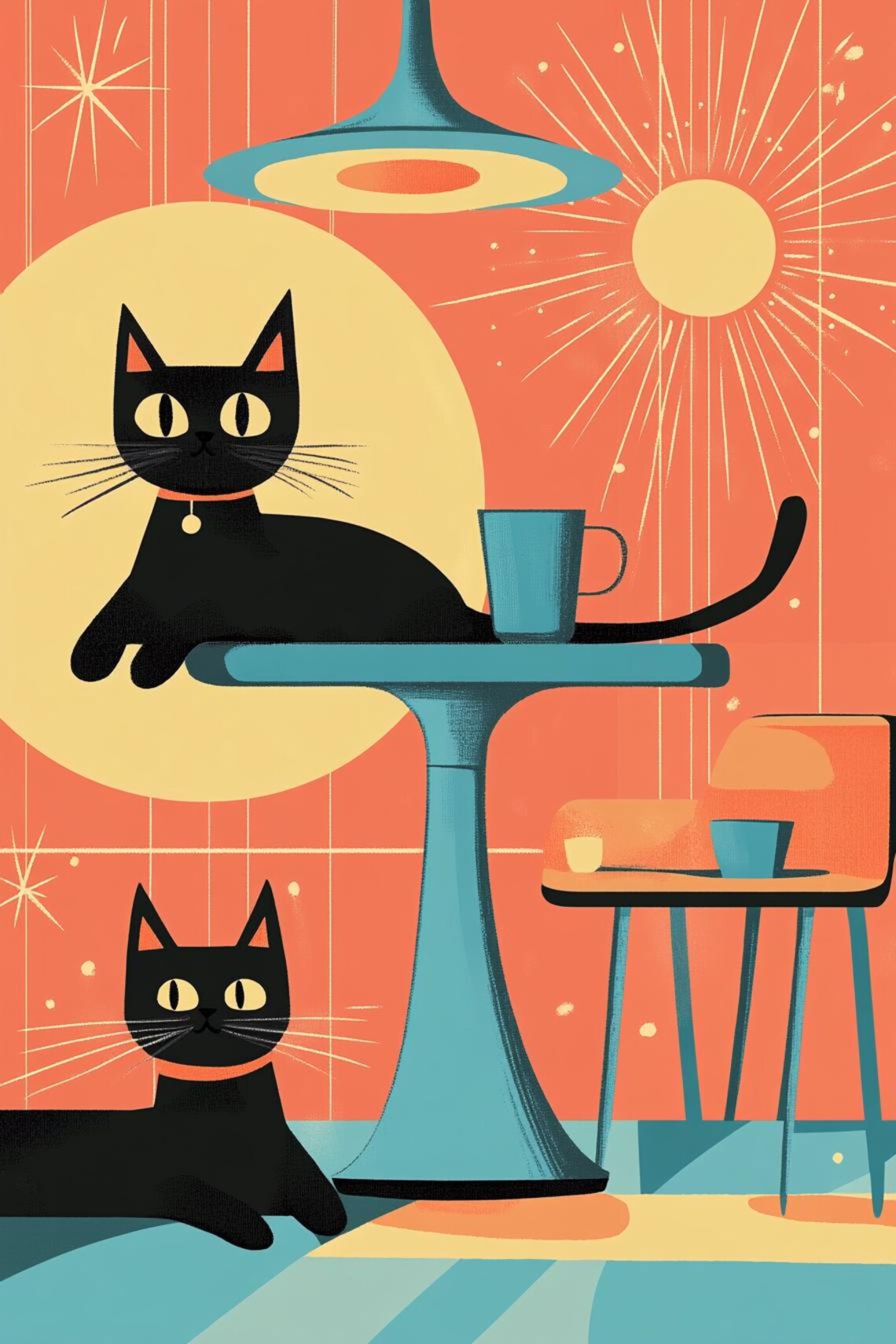 Midcentury Two Black Cats Coffee Table Sunburst Retro Kitchen Cat Poster - Image 3