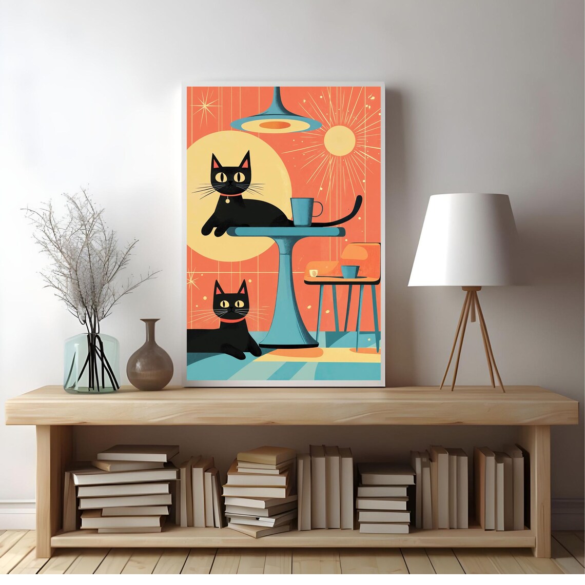 Midcentury Two Black Cats Coffee Table Sunburst Retro Kitchen Cat Poster - Image 2