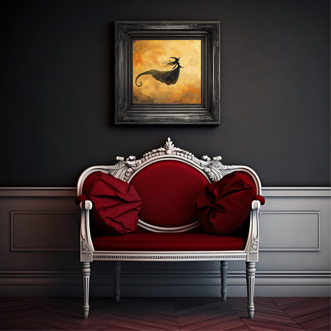 Flying Witch Silhouette Golden Amber Sky Dark Fantasy Art Poster - Image 2