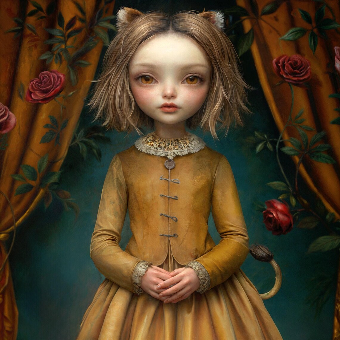 Surreal Lion Girl Golden Gown Red Roses Whimsical Fantasy Art Poster - Image 4