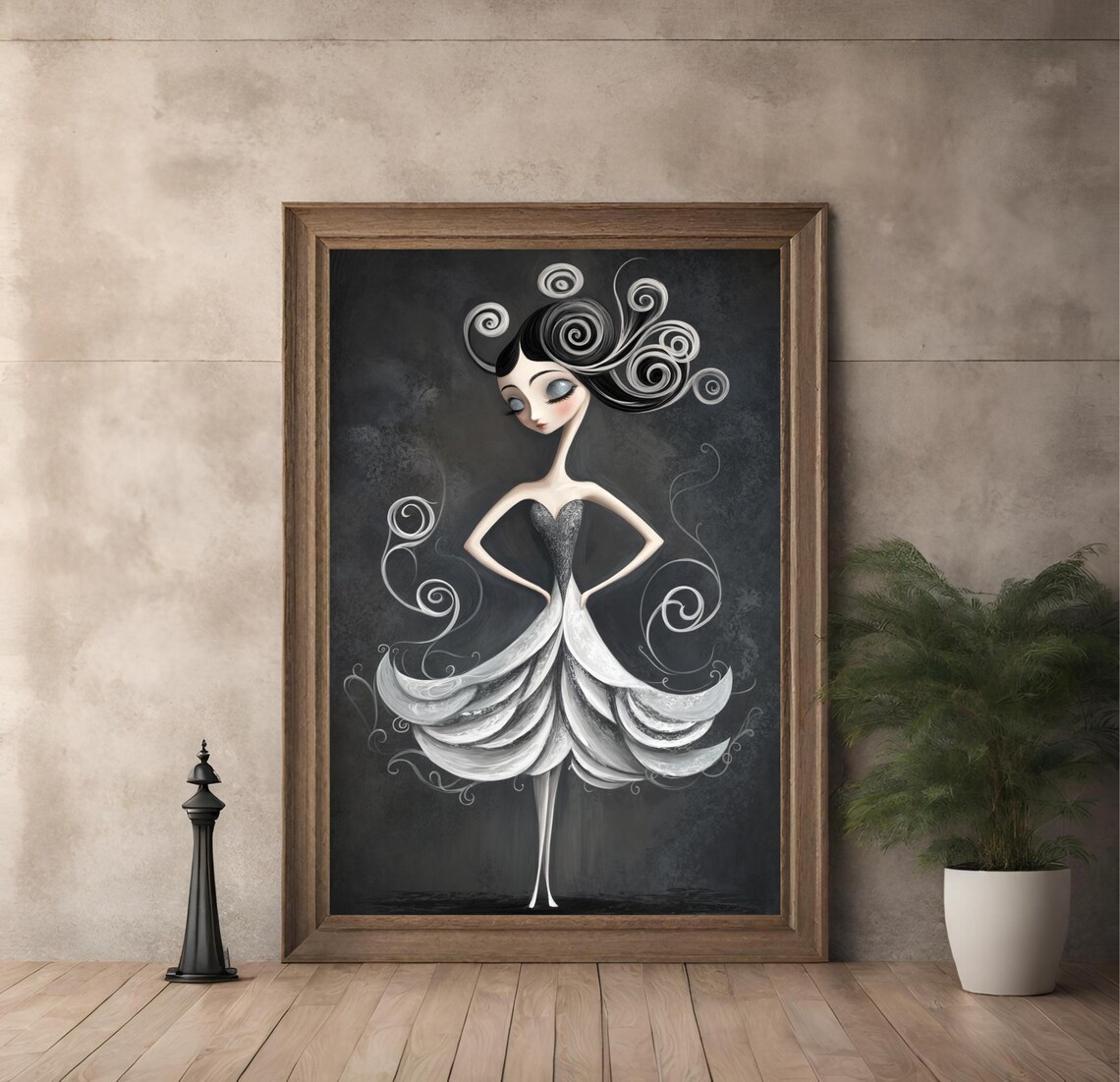Whimsical Black White Elegant Dancer Swirling Dress Gothic Style Poster - Image 2
