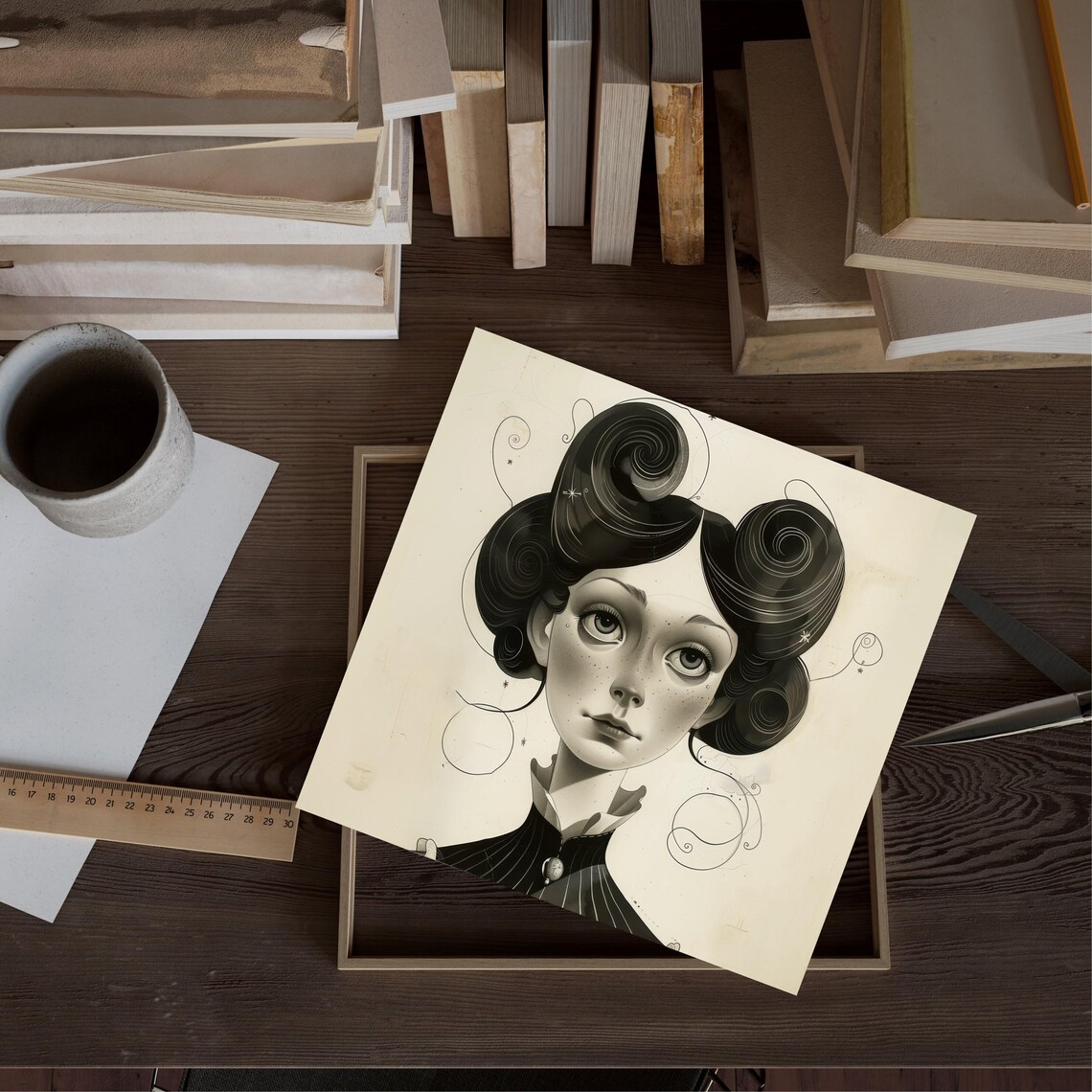 Victorian Woman Portrait Black And White Swirled Hair Freckles Art Poster - Image 3