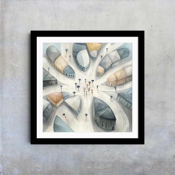 Modern Abstract Cityscape Wall Art Minimalist Urban Scene Print Contemporary Geometric Houses Artwork Neutral Home Decor Rain