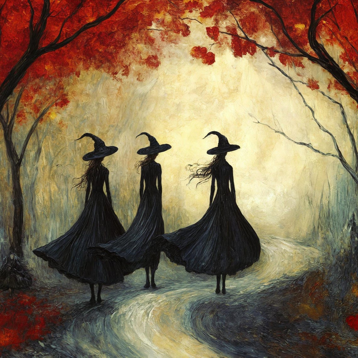 Three Witches Winding Path Red Autumn Trees Witchy Decor Poster - Image 3