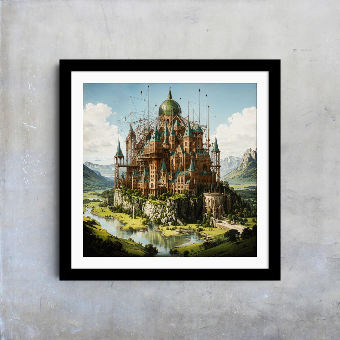 Towering Fantasy Citadel Green Copper Dome River Valley View Art Print - Image 4