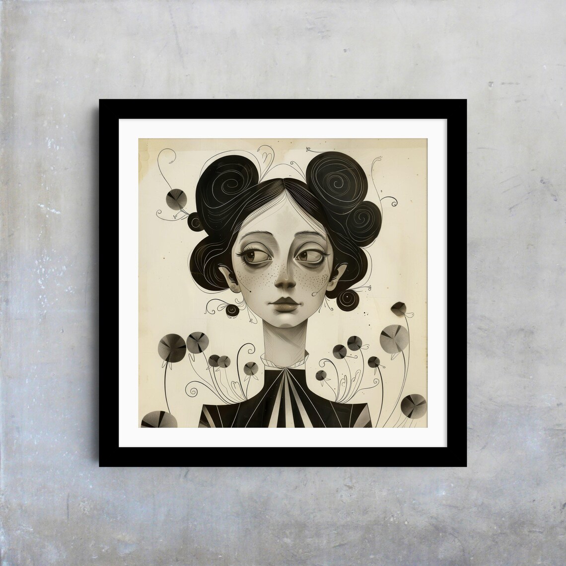 Freckled Woman Swirled Black Hair Floral Buds Whimsical Monochrome Poster