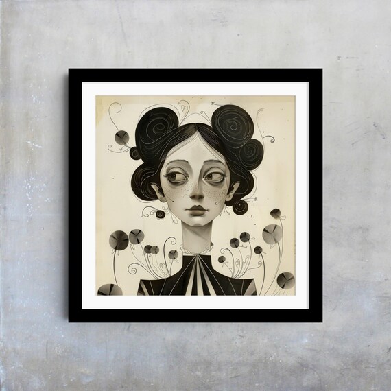 Freckled Woman Swirled Black Hair Floral Buds Whimsical Monochrome Poster