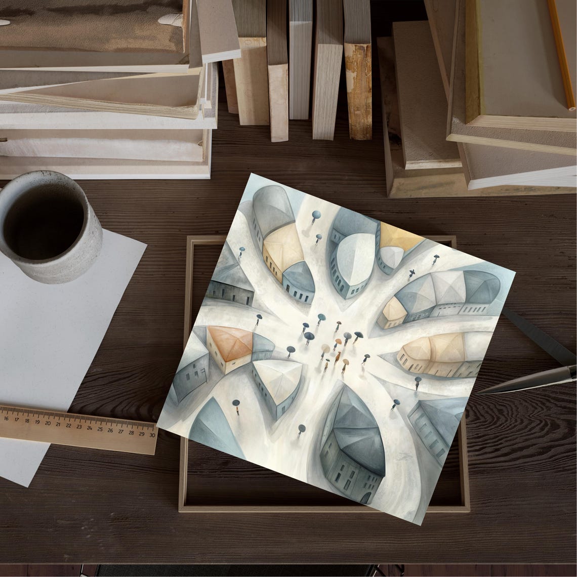 Rainy City Intersection Aerial Umbrellas Abstract Urban Art Poster - Image 2
