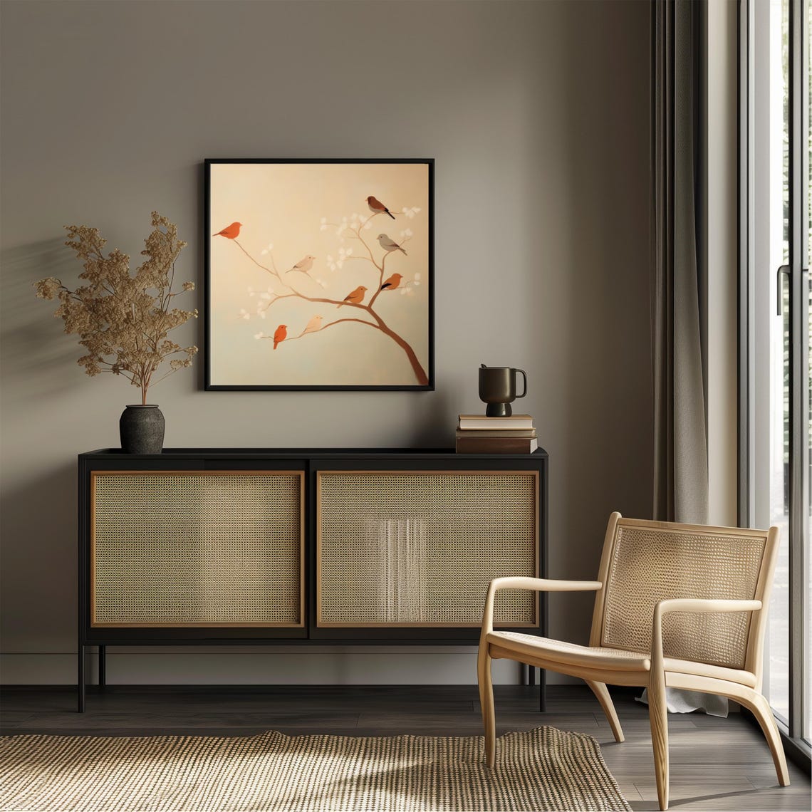 Seven Birds Blossoming Branch Minimalist Beige Neutral Bird Art Poster