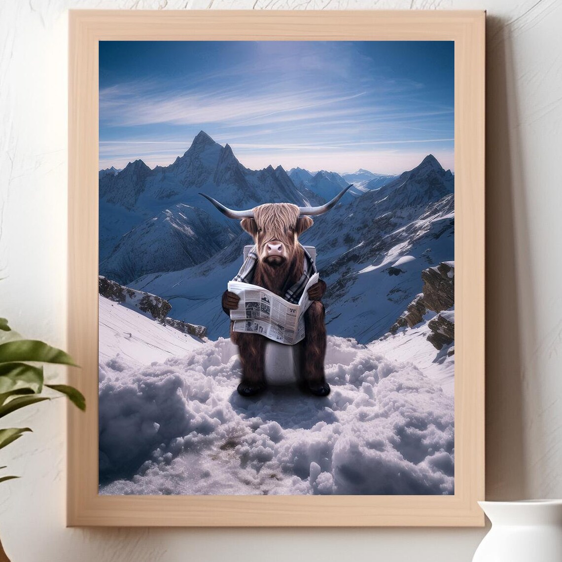 Highland Cow on a Toilet, Funny Bathroom Art Print