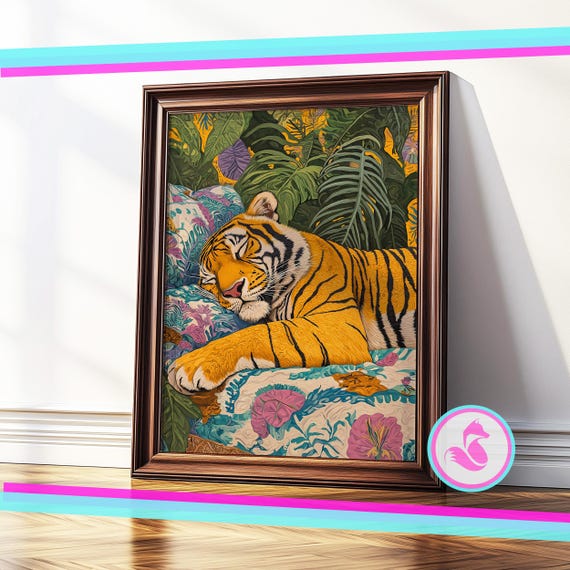 Maximalist Sleeping Tiger Wall Art Retro Print Bedroom Colourful Poster