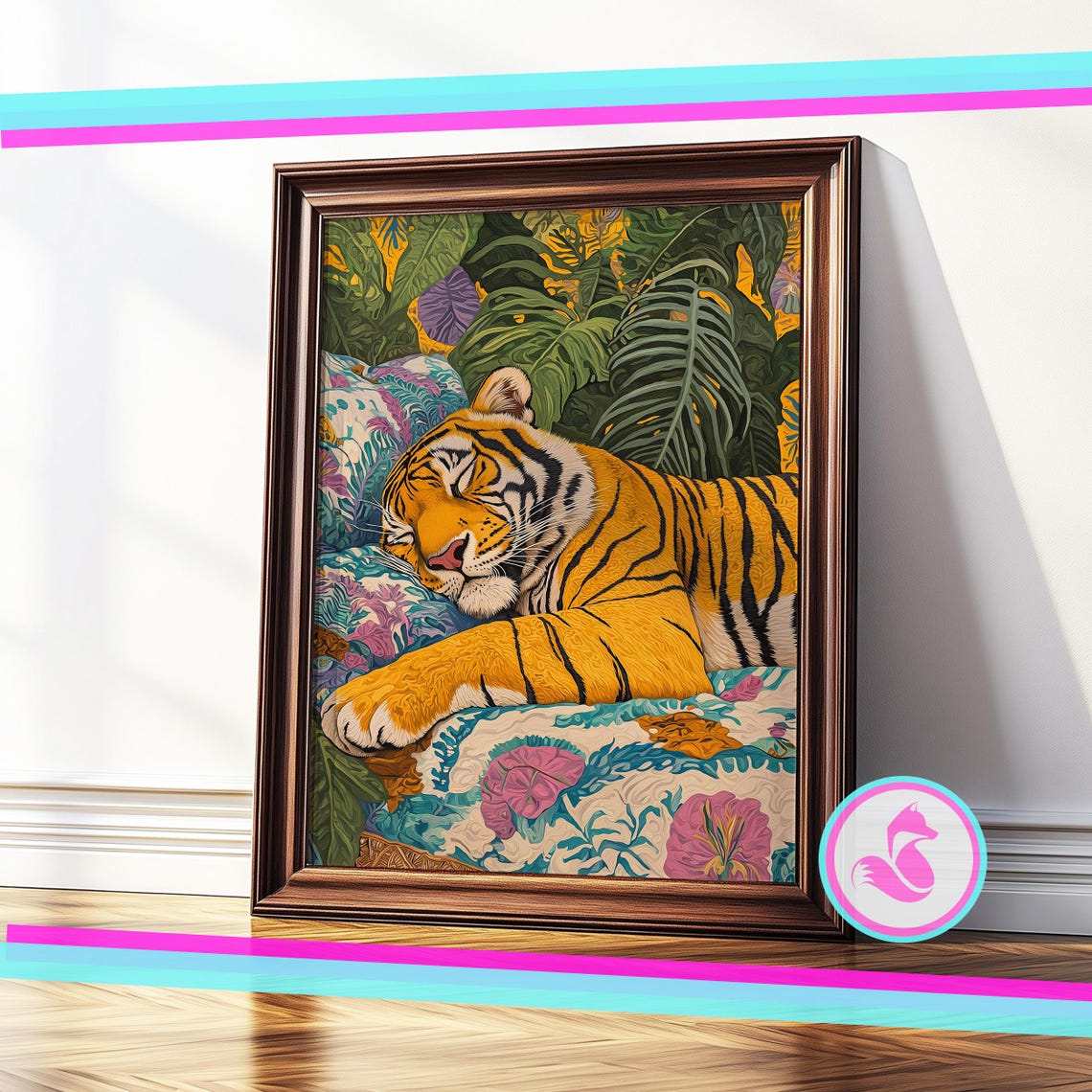 Sleeping Tiger Curled Among Tropical Leaves Maximalist Poster