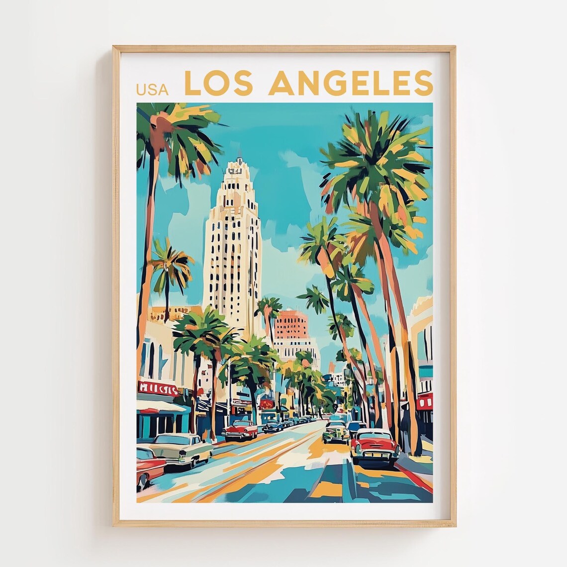 Los Angeles California Retro Boulevard Palms Classic Cars Travel Poster