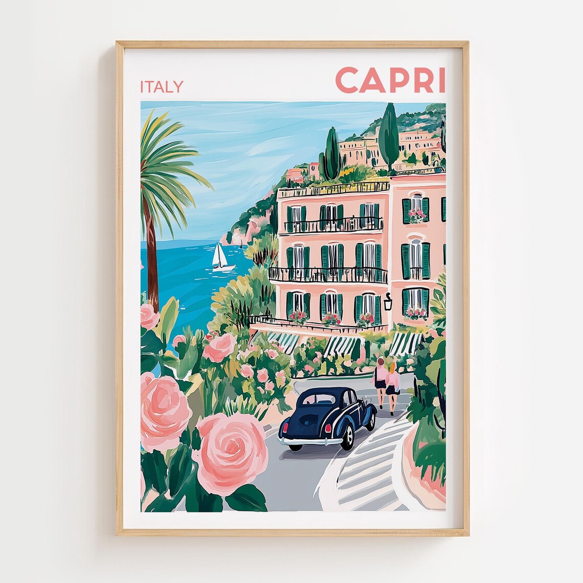Capri Italy Watercolor Travel Poster, Amalfi Coast