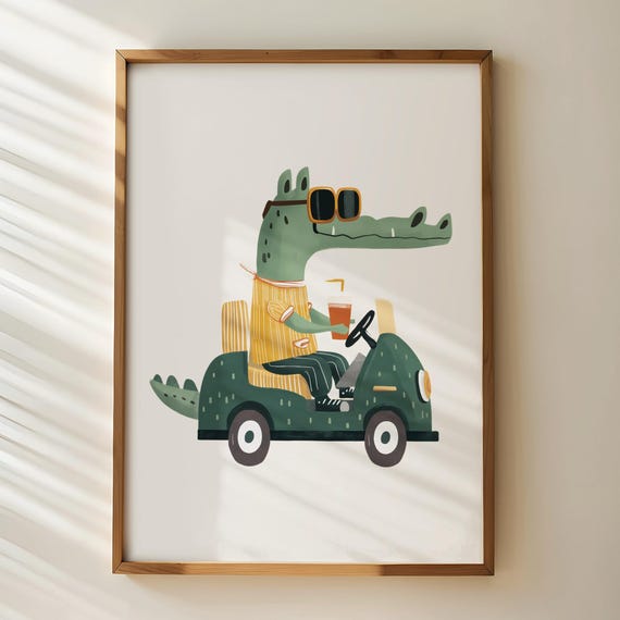 Be Cool Crocodile On Car Print Kids Room Wall Art Eclectic Animal Nursery Decor Playroom Prints Colorful Baby