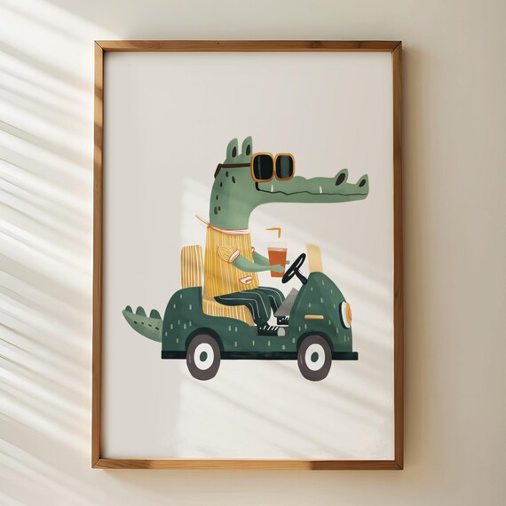 Cool Crocodile Driving Sunglasses Car Funny Animal Nursery Poster