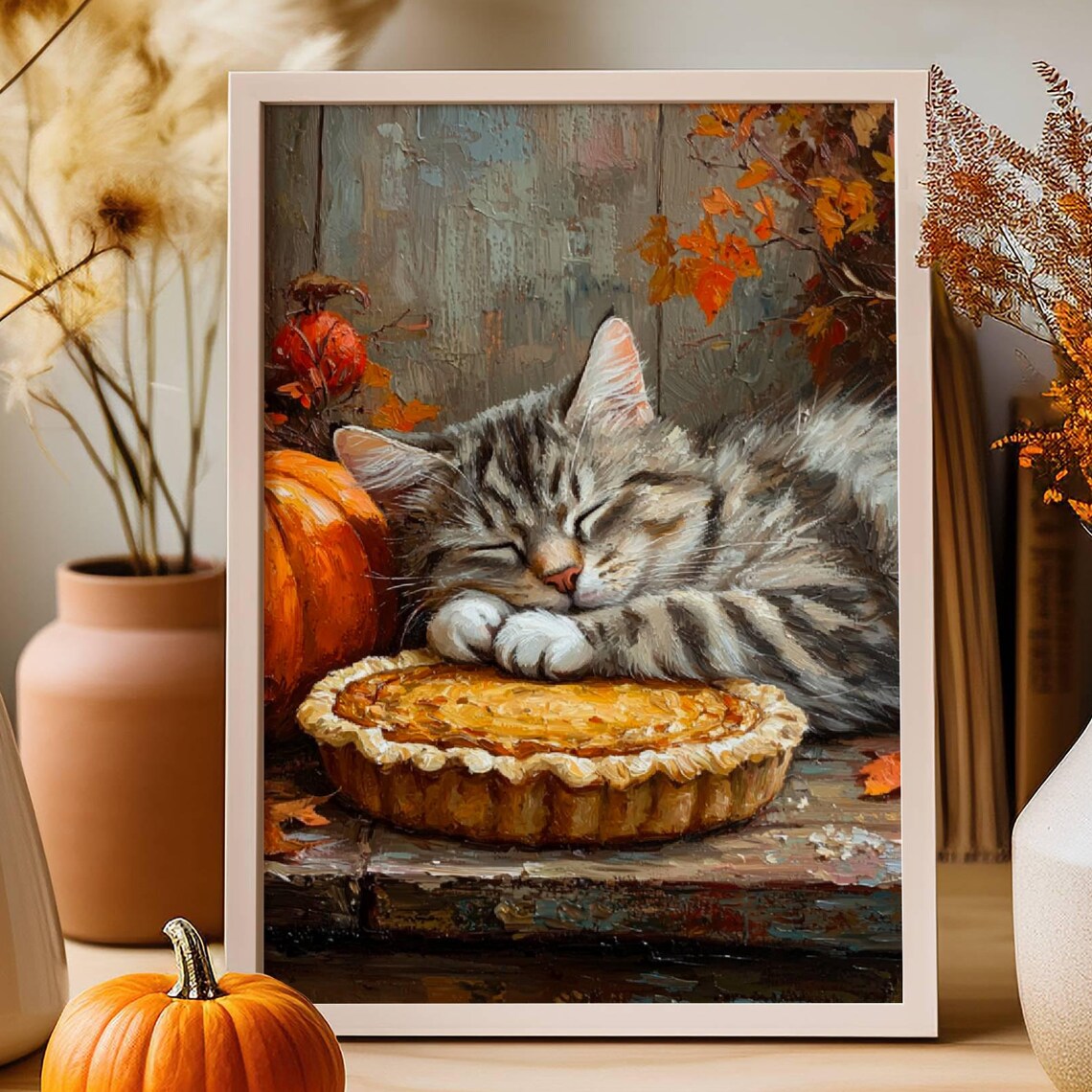 Tabby Cat and Pumpkin Pie Thanksgiving Art Print