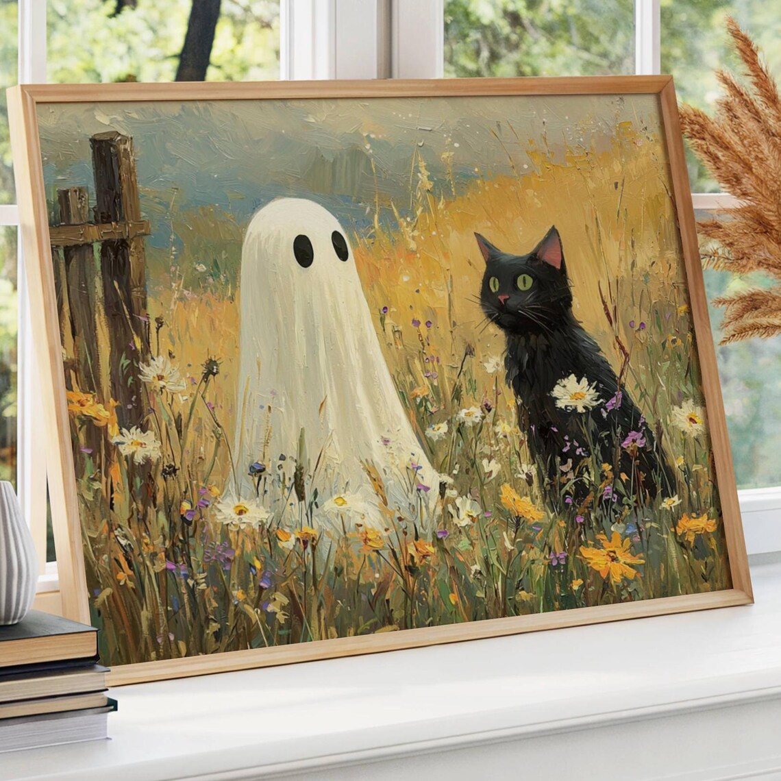 Ghost and Black Cat in Wildflowers Halloween Art Print - Image 6