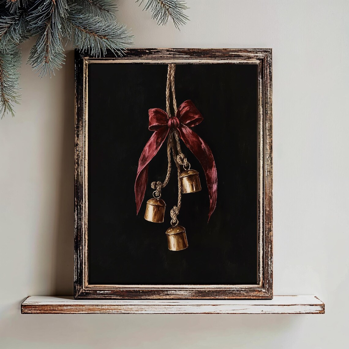 Brass Christmas Bells Burgundy Bow Moody Black Holiday Poster - Image 4
