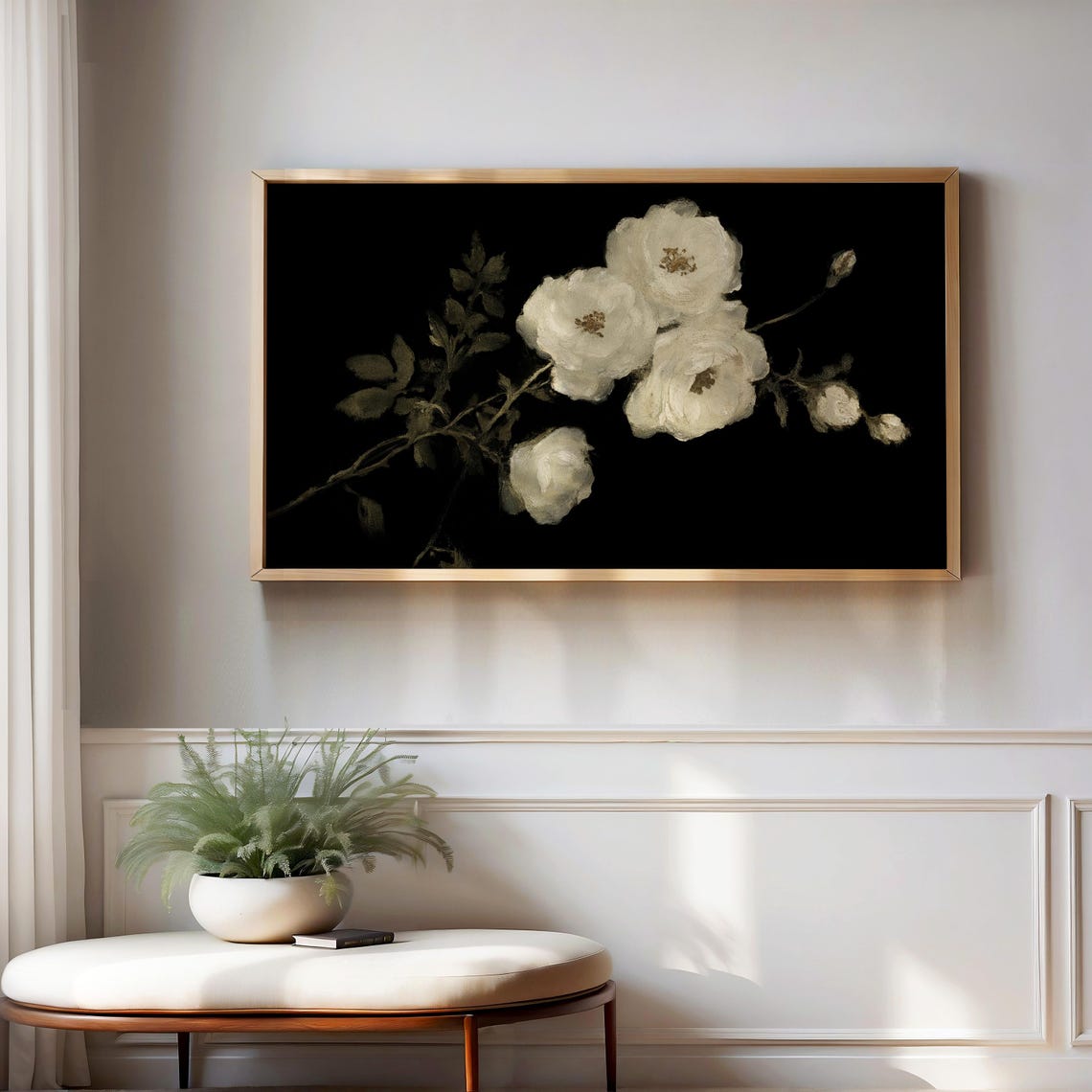 Dark Moody White Roses Floral Oil Painting Elegant Decor Wall Art - Image 2