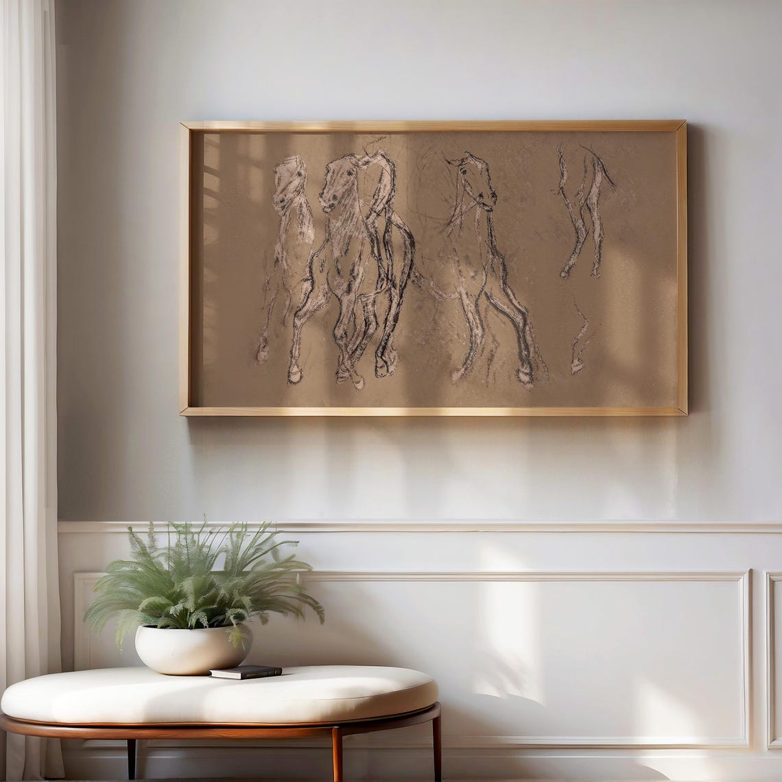 Running Horses Sketch Equestrian Charcoal Drawing Vintage Wall Art - Image 3