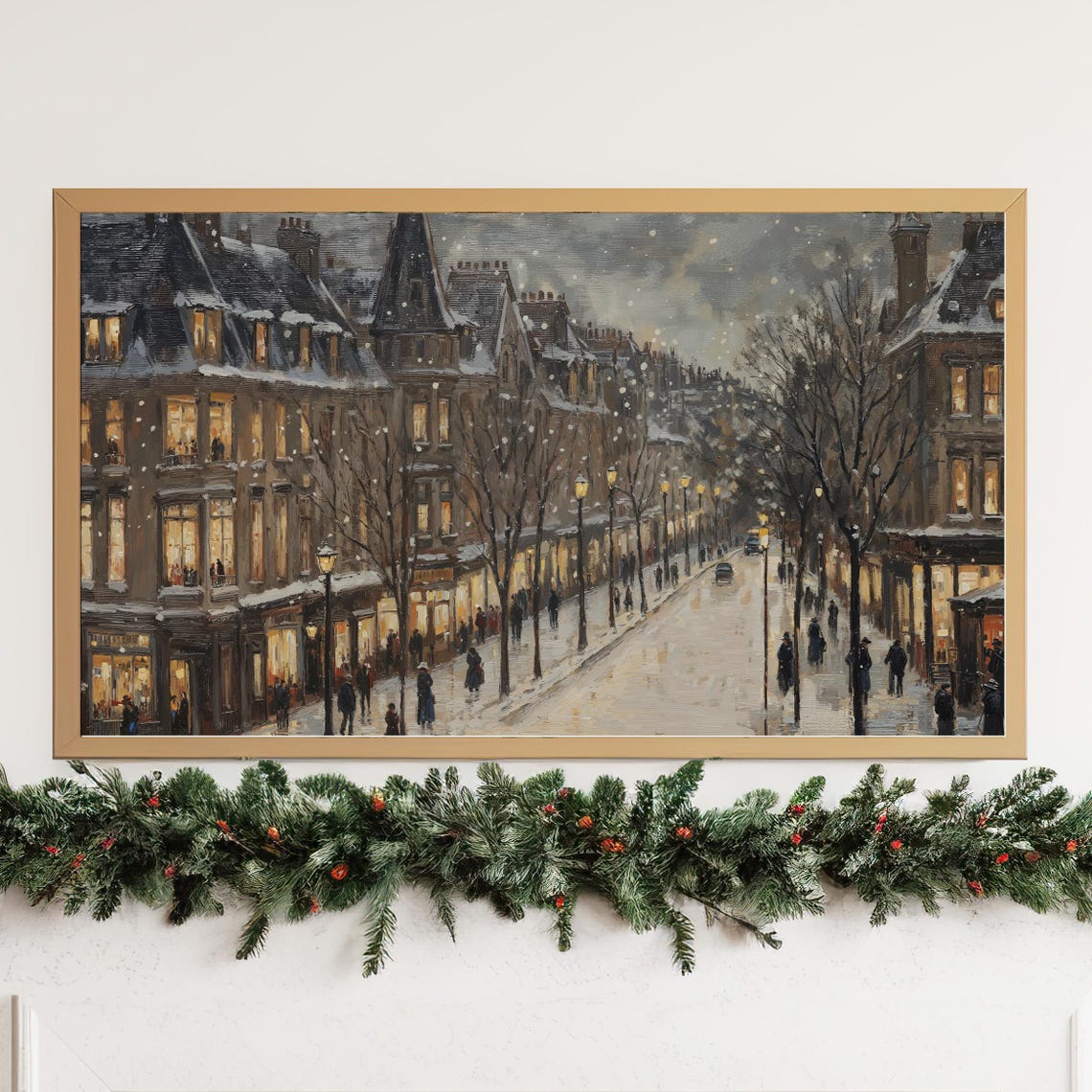 Snowy Old Town Street Night Glowing Windows Vintage City Poster - Image 2