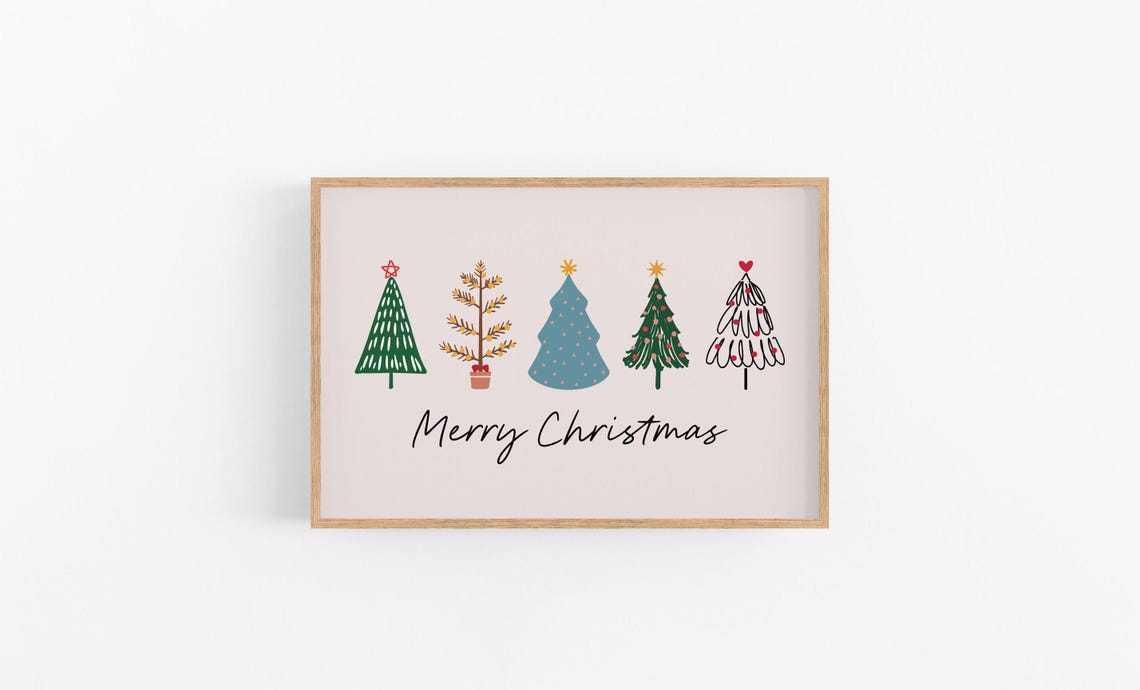 Merry Christmas Whimsical Hand Drawn Trees Holiday Decor Poster