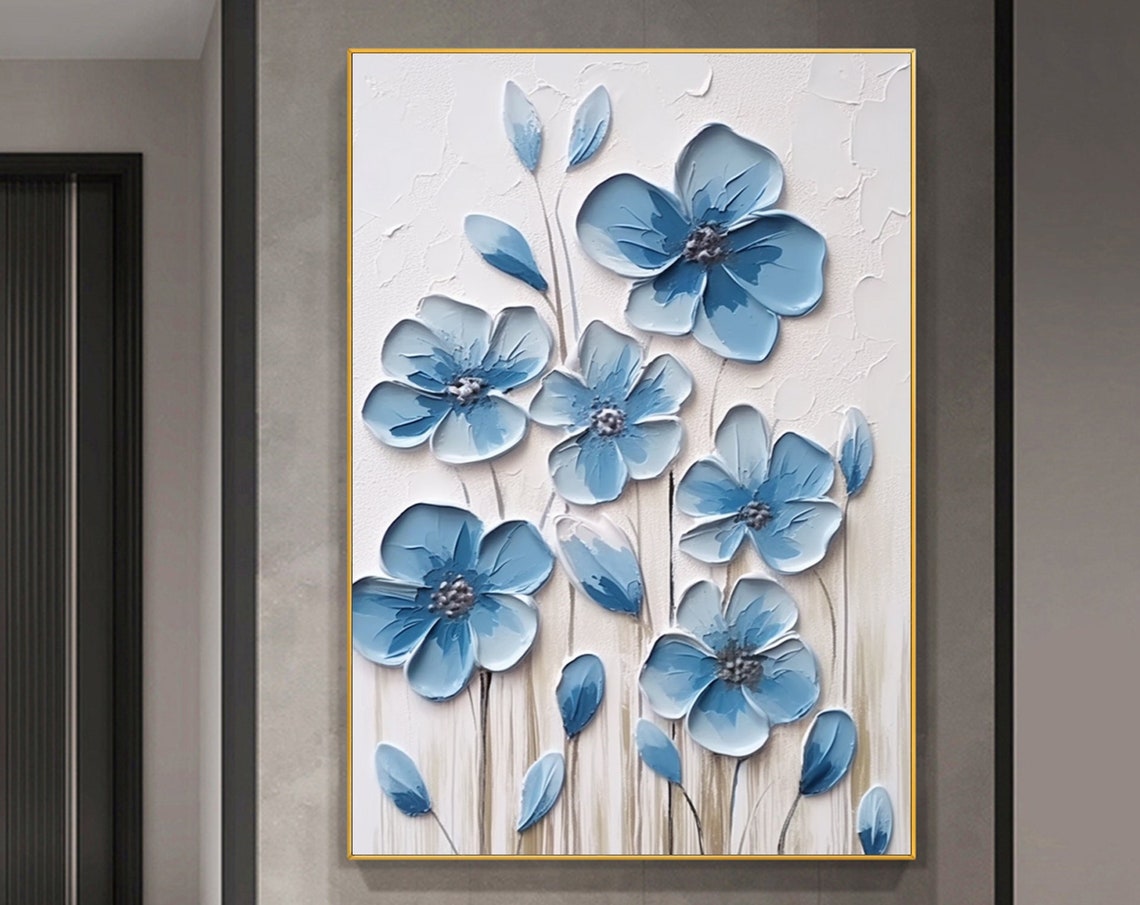 Big Blue Flowers 3D Textured Floral Impasto Oil Painting Poster