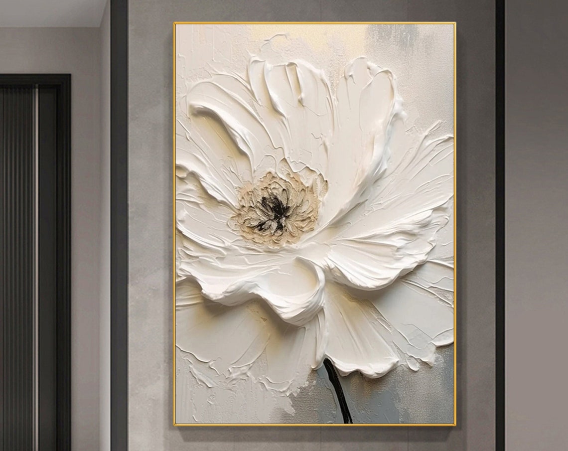 White Anemone Bloom Textured Petals Gold Frame Elegant Floral Poster