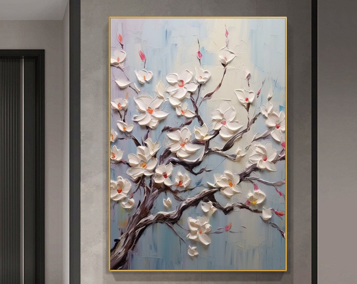 White Magnolia Blossoms On Dark Branches Vertical Painting Poster