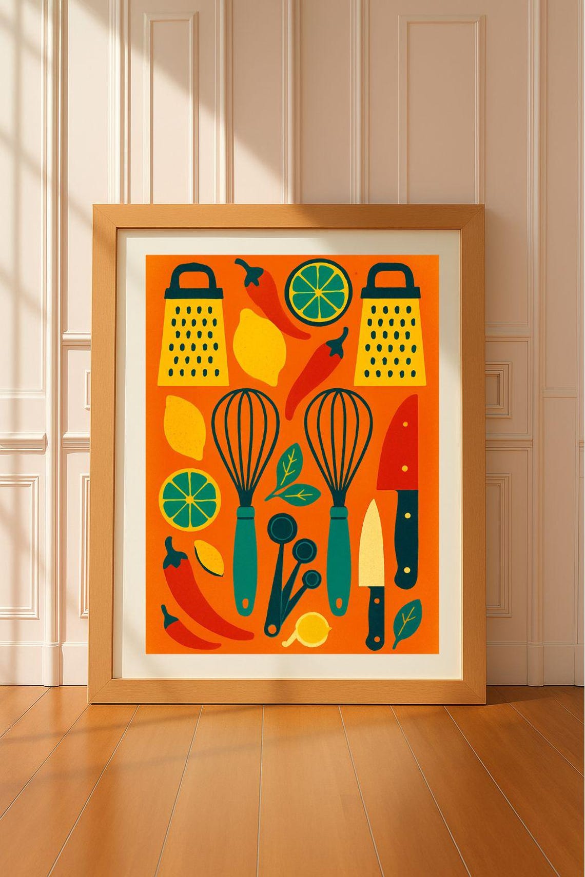 Retro Kitchen Utensils Midcentury Orange Cooking Wall Poster