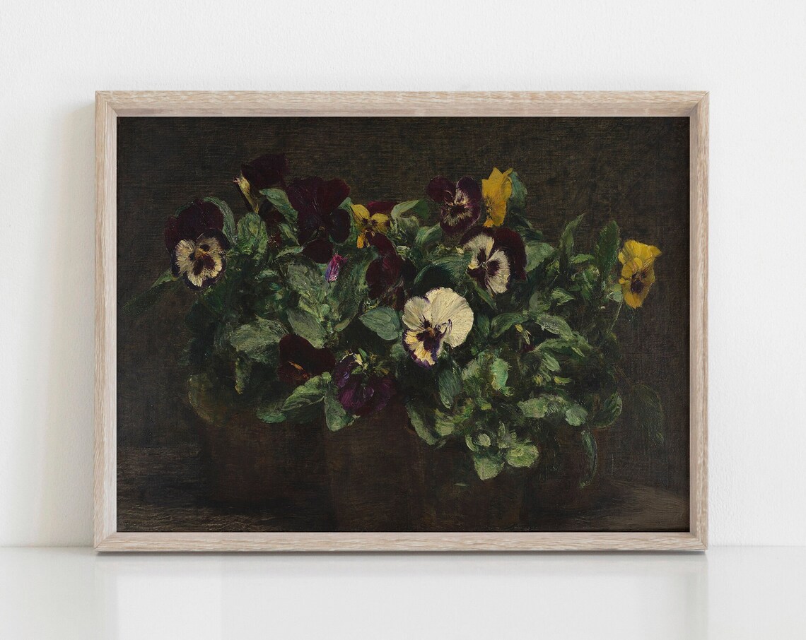 Pansy Flower Oil Painting Dark Moody Vintage Floral Art Poster