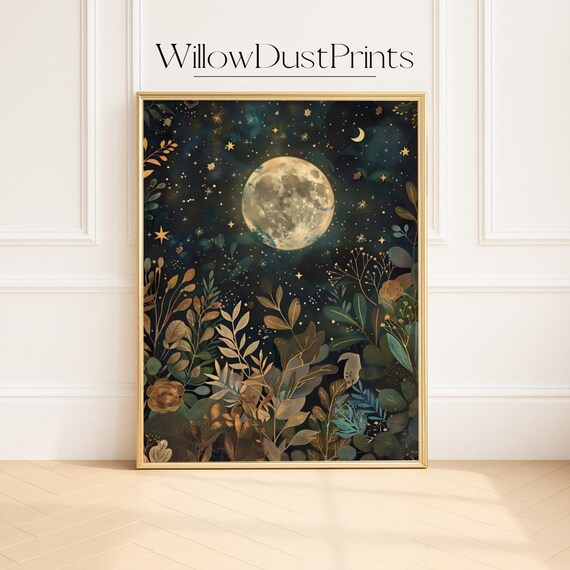 Mystical Botanical Moon Enchanted Full Starry Night Sky With Wildflowers For Celestial Boho Wall Decor Gift