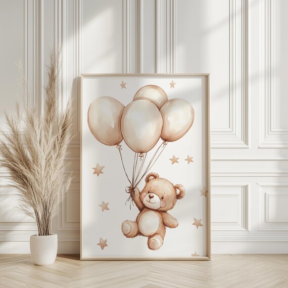 Teddy Bear Floating with Beige Balloons Nursery Baby Room Poster