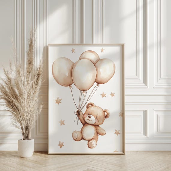 Teddy Bear Nursery Wall Art Print Decor Flying Ballon Child Kids Baby Neutral